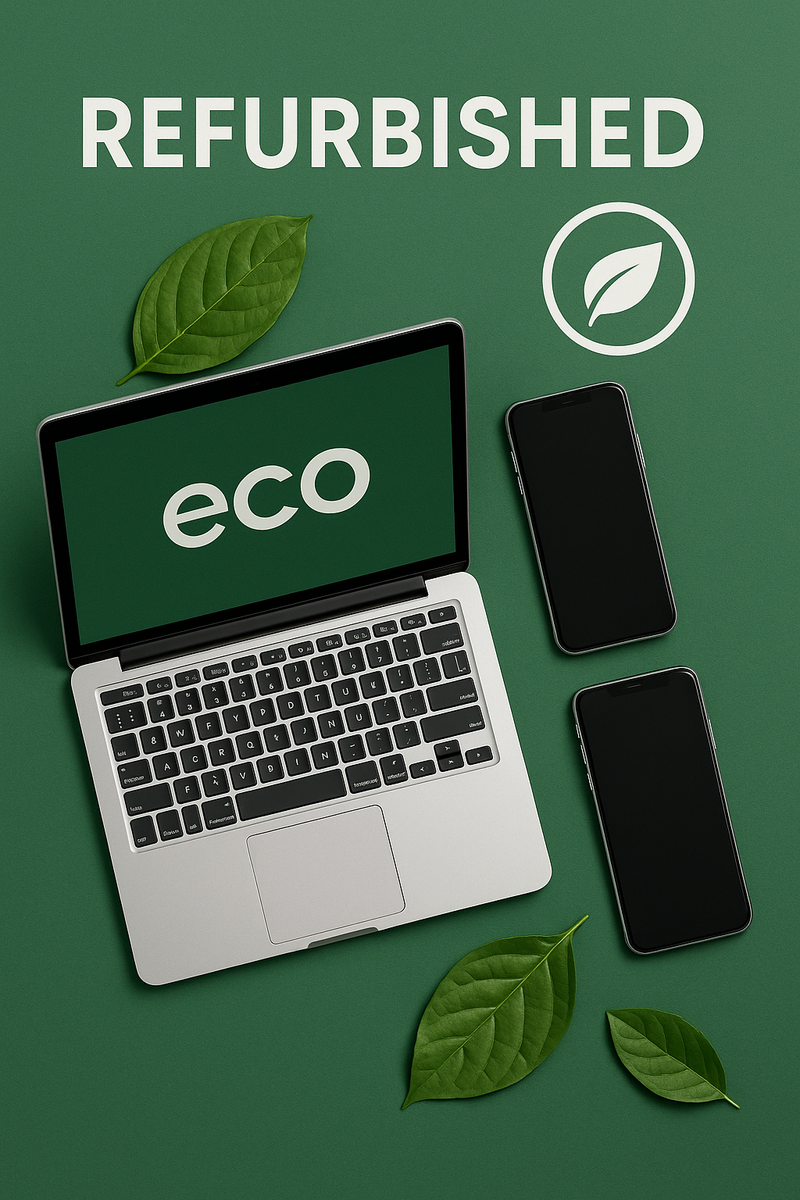 Eco-friendly refurbished smartphones and laptops on a green background