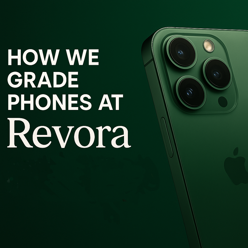 Green iPhone close-up with 'How We Grade Phones at Revora' text on dark green background