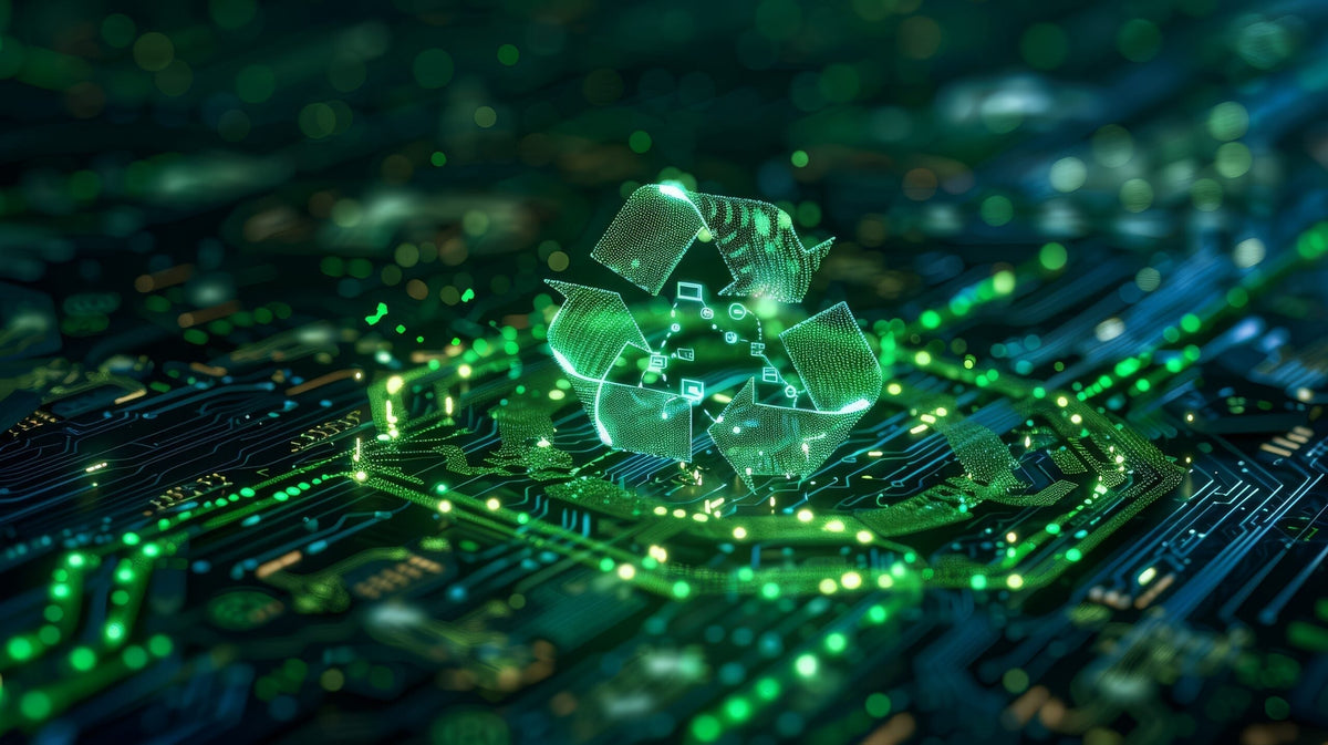 Green digital recycle symbol on illuminated computer circuit board, eco-friendly technology