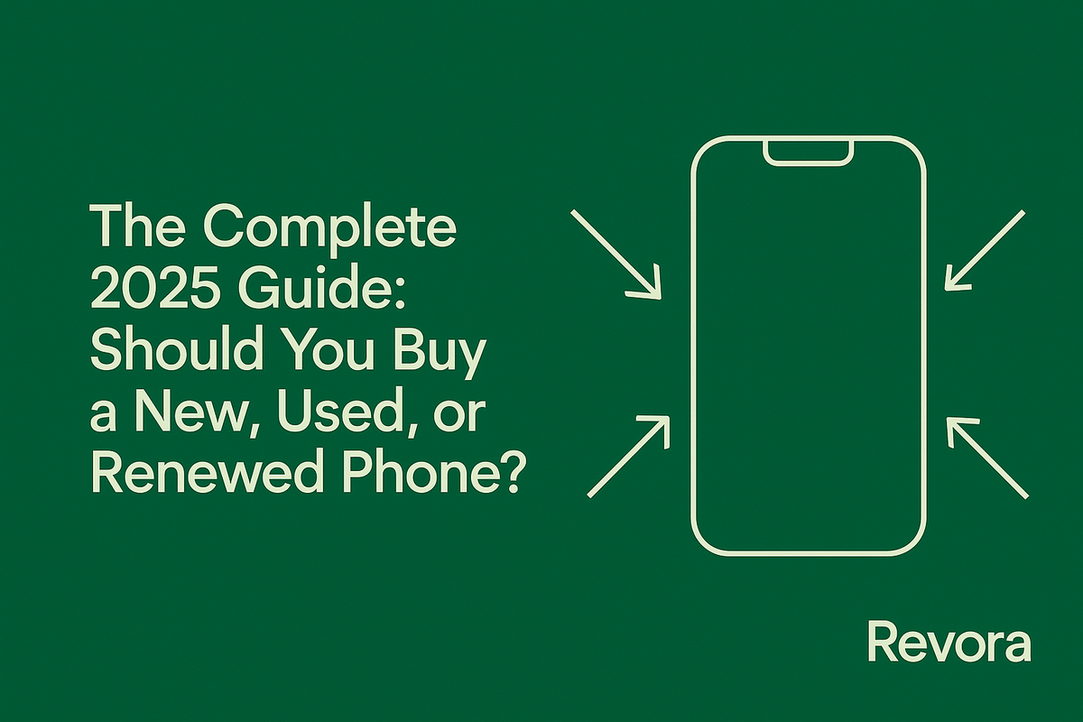 2025 guide on buying new, used, or renewed phones, green background, Revora logo, phone outline