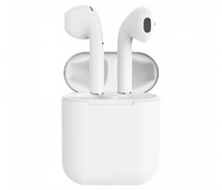 Wireless white Bluetooth earbuds with charging case on plain background